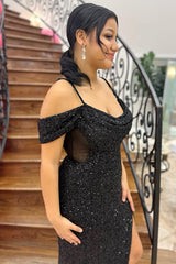 Black Prom Dress Mermaid Cold Shoulder Long Formal Dress With Slit