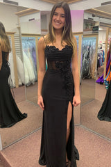 Black Prom Dress Mermaid Corset Long Formal Dress With Slit With Lace