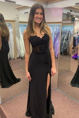 Black Prom Dress Mermaid Corset Long Formal Dress With Slit With Lace