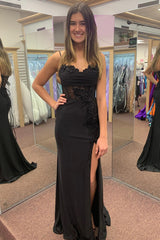 Black Prom Dress Mermaid Corset Long Formal Dress With Slit With Lace