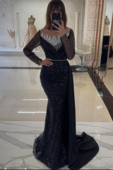 Black Prom Dress Mermaid Crew Sleeves Sequined Panel Train Tulle Satin Formal Dress With Rhinestones