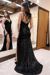 Black Prom Dress Mermaid Floral Long Formal Dress With Slit