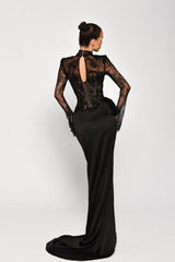 Black Prom Dress Mermaid High Neck Sleeves Lace Panel Train Satin Formal Dress With High Slit