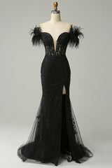 Black Prom Dress Mermaid Lace Long Evening Dress with Feathers
