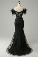 Black Prom Dress Mermaid Lace Long Evening Dress with Feathers
