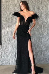 Black Prom Dress Mermaid Lace Long Evening Dress with Feathers