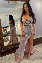 Black Prom Dress Mermaid Mirror Long Beaded Evening Dress with Slit