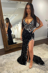 Black Prom Dress Mermaid Mirror Long Beaded Evening Dress with Slit