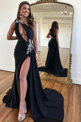 Black Prom Dress Mermaid One Shoulder Long Evening Dress with Slit