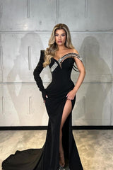Black Prom Dress Mermaid One Shoulder Satin Glitter Sleeve Formal Dress With Slit