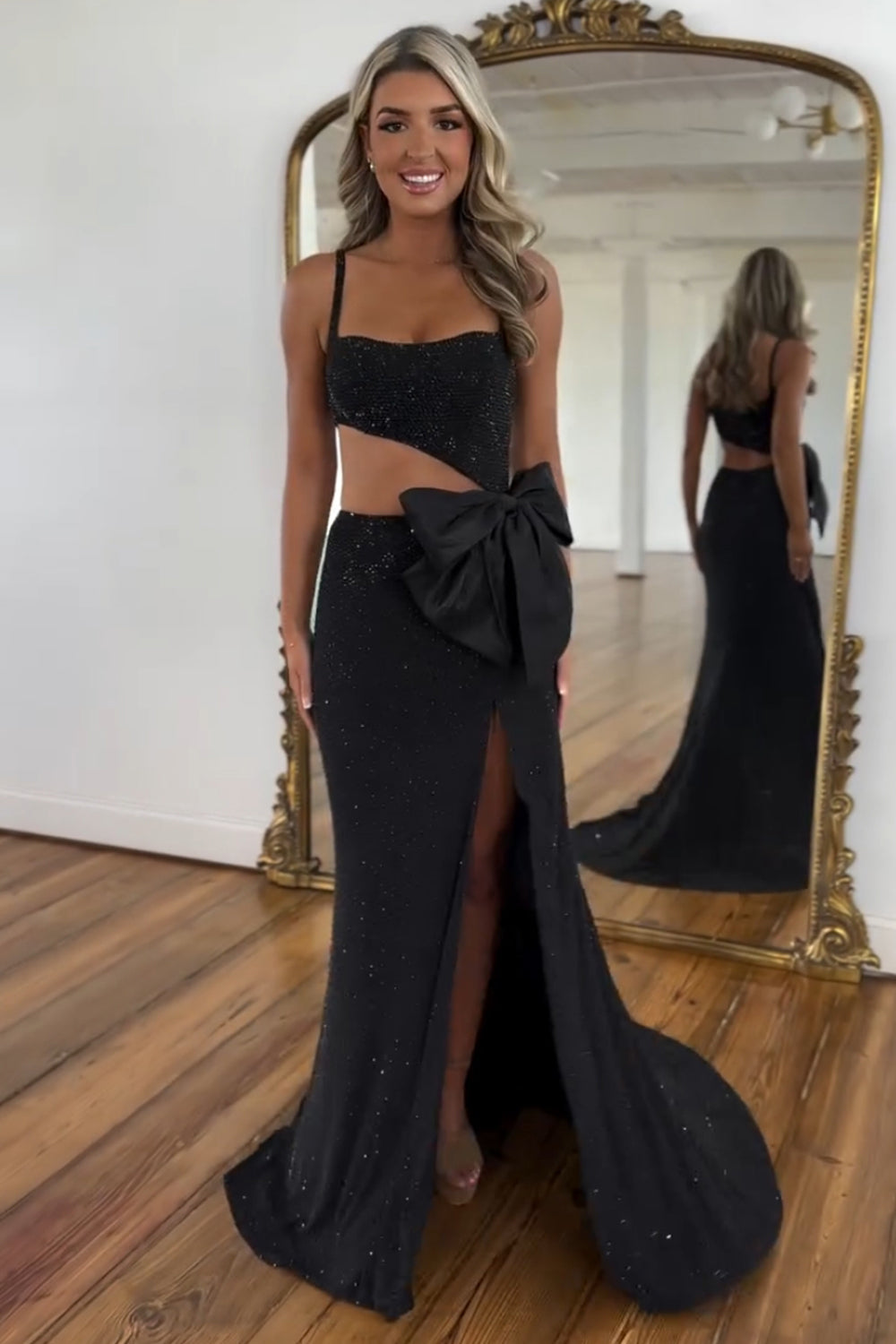 Black Prom Dress Mermaid Sequined Long Evening Dress with Bow