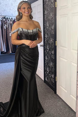 Black Prom Dress Mermaid Side Cape Corset Long Beaded Formal Dress