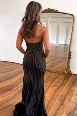 Black Prom Dress Mermaid Sweetheart Long Beaded Evening Dress With Slit