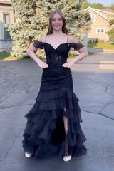 Black Prom Dress Mermaid Tiered Cold Shoulder Long Formal Dress With Slit