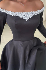 Black Prom Dress Off The Shoulder A Line Satin Slit Sleeves Formal Dress With Pearls