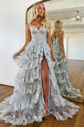 Lilac Prom Dress Off The Shoulder Tiered Lace Evening Dress