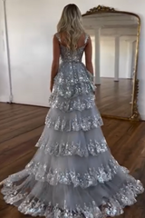 Lilac Prom Dress Off The Shoulder Tiered Lace Evening Dress