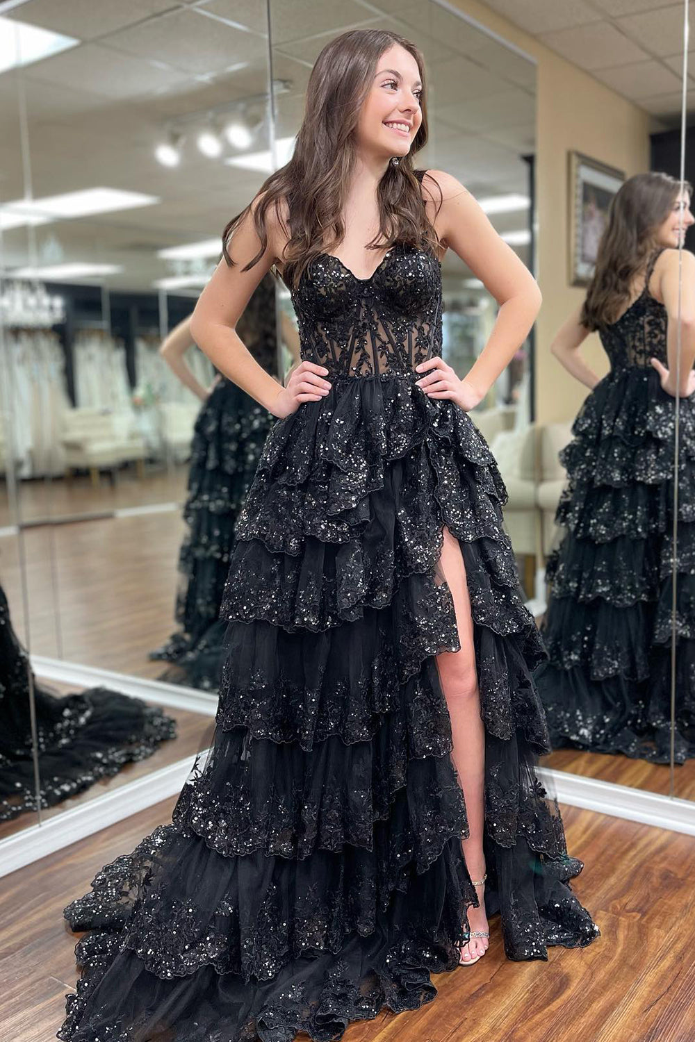 Black Prom Dress Off The Shoulder Tiered Corset Evening Dress
