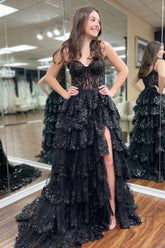Black Prom Dress Off The Shoulder Tiered Corset Evening Dress