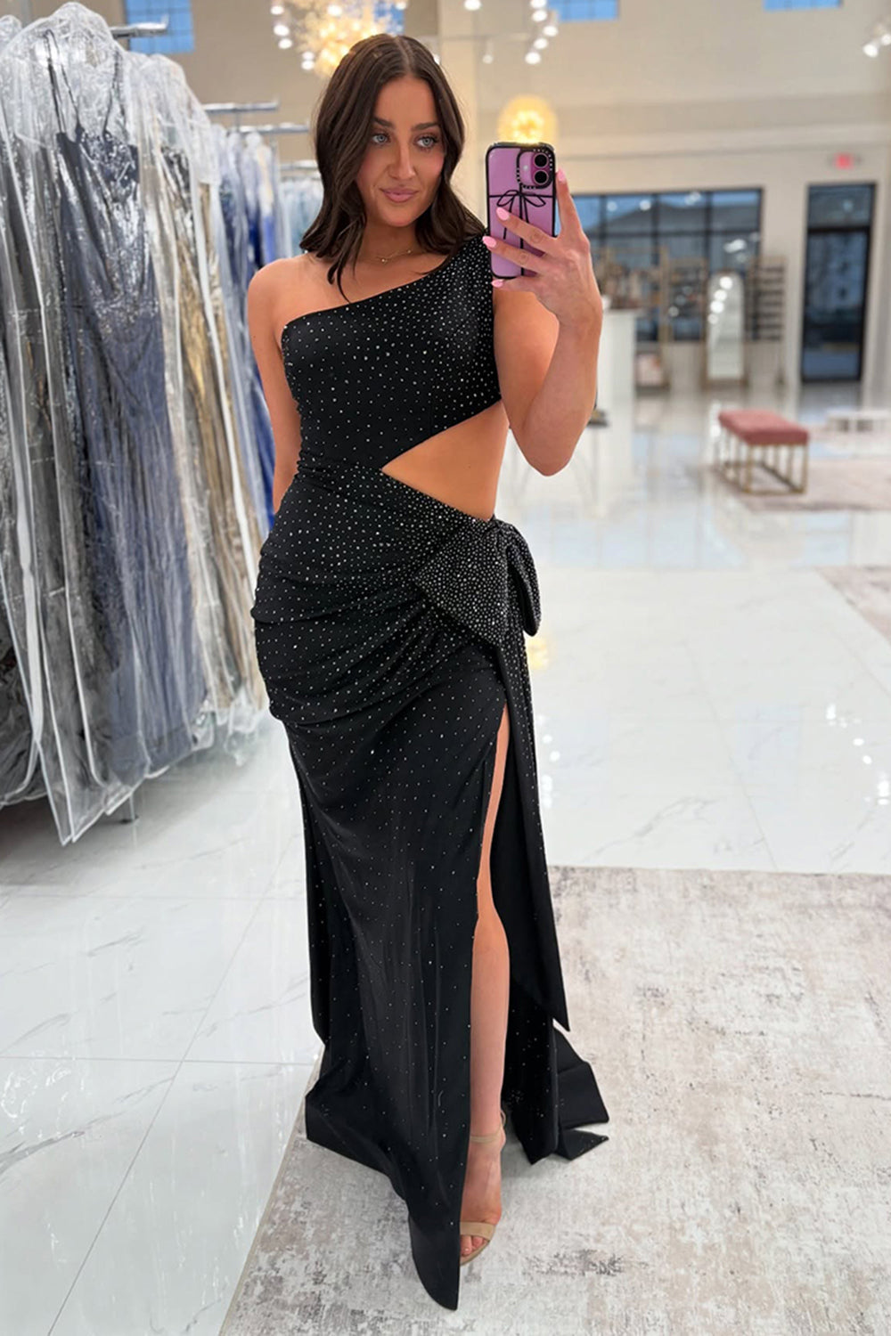 Black Prom Dress One Shoulder Cut Out Long Formal Dress With Slit