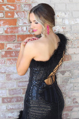 Black Prom Dress One Shoulder Mermaid Long Evening Dress with Feather