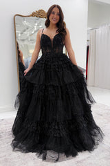 Black Prom Dress Ruffled A Line Tulle Formal Dress