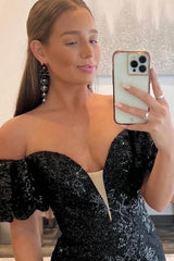 Black Prom Dress Sequin Off the Shoulder Long Evening Dress