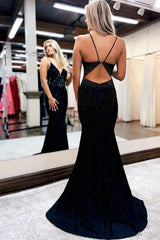 Black Prom Dress Sequined Open Back Long Evening Dress
