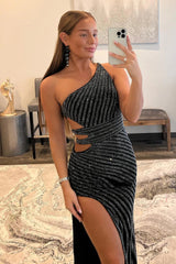 Black Prom Dress Sequined Waist Cut Out Evening Dress with Slit