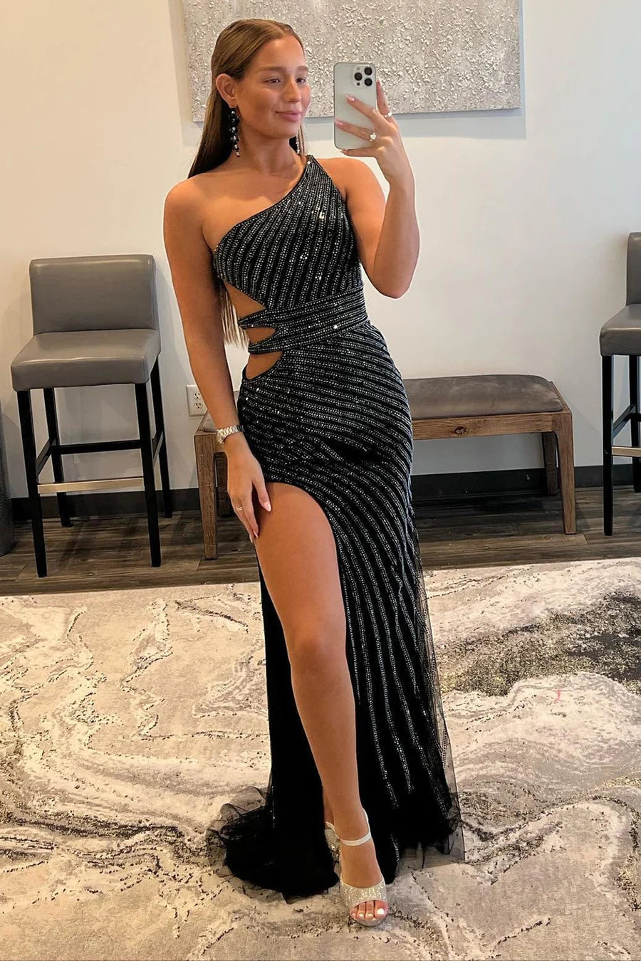 Black Prom Dress Sequined Waist Cut Out Evening Dress with Slit