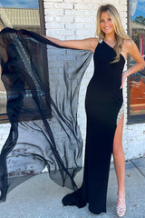 Black Prom Dress Sheath/Column Beaded One Shoulder Evening Dress