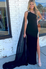 Black Prom Dress Sheath/Column Beaded One Shoulder Evening Dress