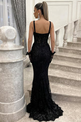Dreamyannie Black Prom Dress Spaghetti Strap Mermaid Sleeveless Beaded Evening Lace Formal Dress