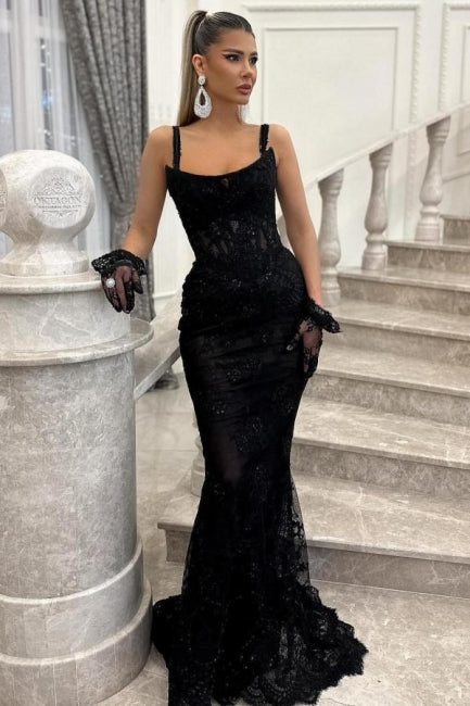 Black Prom Dress Spaghetti Strap Mermaid Sleeveless Beaded Evening Lace Formal Dress