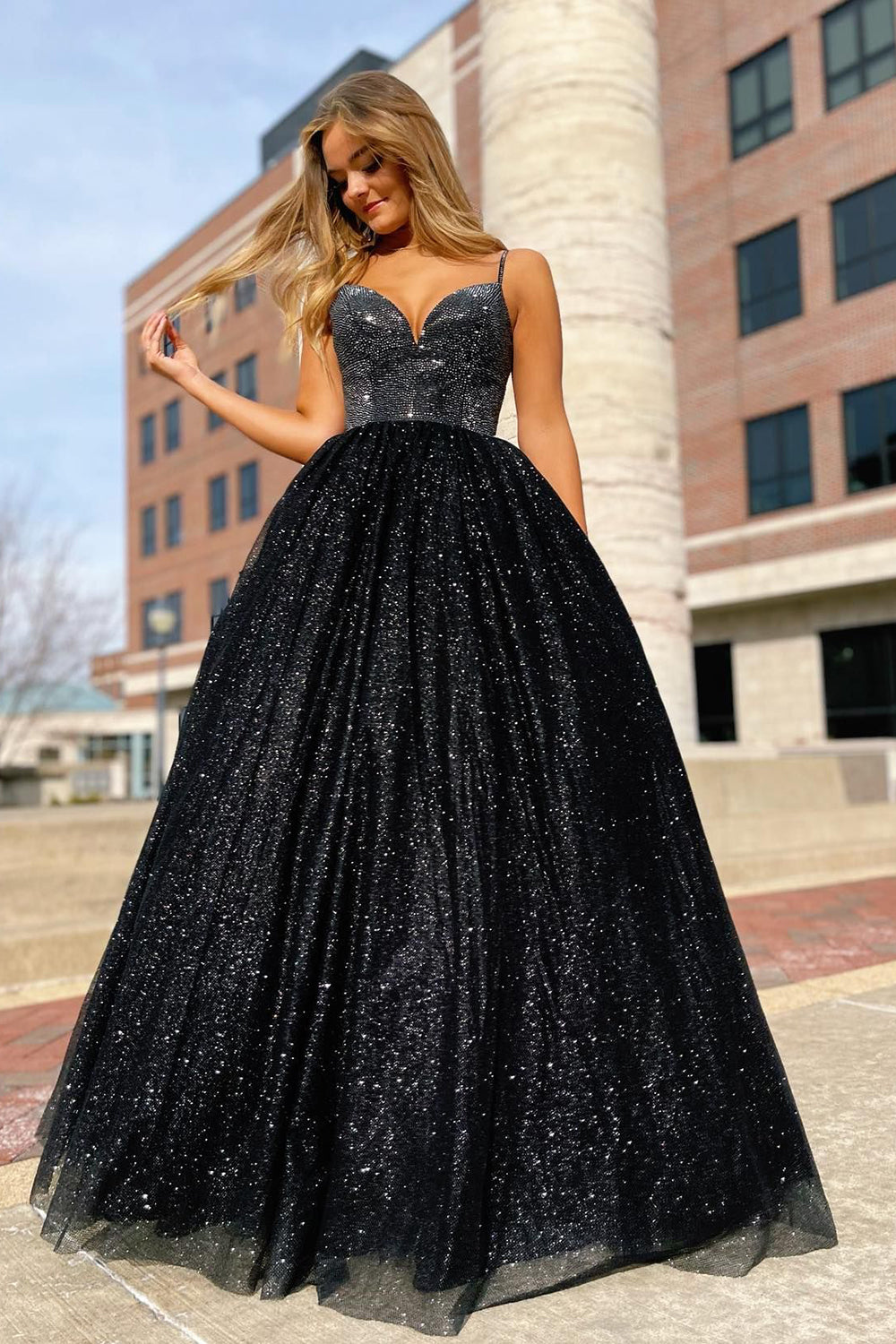 Black Prom Dress Spaghetti Straps A Line Evening Dress