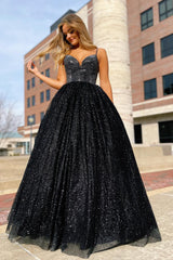 Black Prom Dress Spaghetti Straps A Line Evening Dress