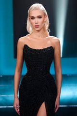 Black Prom Dress Strapless Sequined Formal Dress With Slit