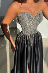 Black Prom Dress Sweetheart A Line Beaded Sleeveless Satin Formal Dress With Slit