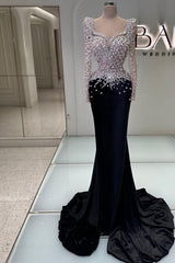 Black Prom Dress Sweetheart Mermaid Beaded Sequined Sleeve Formal Dress With Pearls