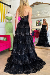 Black Prom Dress Sweetheart Ruffled Bow Long Formal Dress With Slit