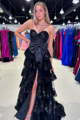Black Prom Dress Sweetheart Tiered Long Evening Dress with Bow