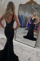 Black Prom Dress V-Neck Sheath Beaded Formal Dress