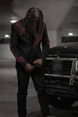 Black Prom Suit with Burgundy Appliques