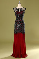 Black Red 1920s Cap Sleeve Long Flapper Evening Dress
