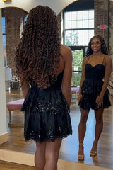 Black Ruffled A Line Homecoming Dresses Short Corset Cocktail Dresses With Sequins