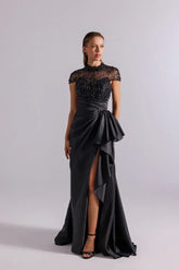 Black Satin Prom Dress with Beaded Illusion Bodice and Side Slit