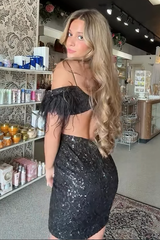 Black Sequin Tight Homecoming Dresses Short Corset Cocktail Dresses With Feathers