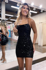 Black Sequined Halter Bodycon Short Homecoming Dress