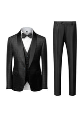 Black Shawl Lapel Jacquard 3-Piece Men's Suit Blazer Vest Pants