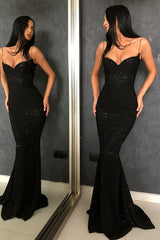 Black Sheath Spaghetti Straps Open Back Sequins Prom Dress